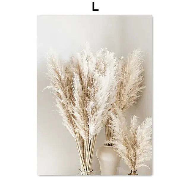 Decorbites™ beach landscape canvas wall art with soft beige and cream pampas grass in minimalist ceramic vases