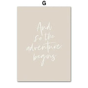 Beige rectangular wall art with elegant white cursive script and so the adventure begins by DecorBites beach landscape decor