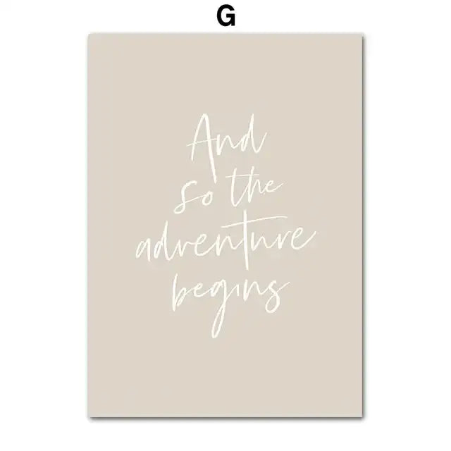 Beige rectangular wall art with elegant white cursive script and so the adventure begins by DecorBites beach landscape decor