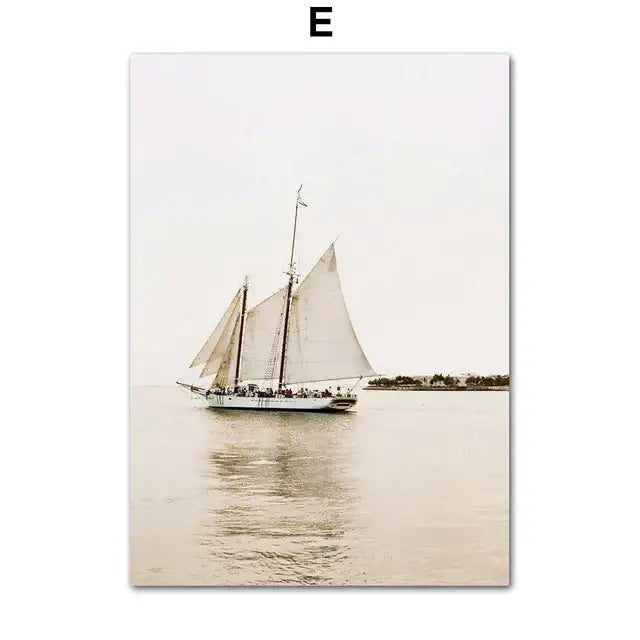 DecorBites™ vintage-style wall art canvas featuring a white sailboat on a beach landscape with beige flower grass