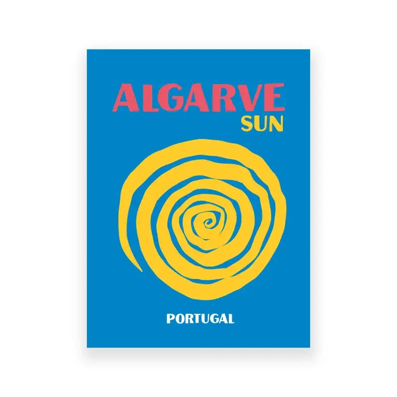 Vibrant blue decorbites™ beach travel poster with yellow spiral sun and pink yellow algarve sun text for living room decor