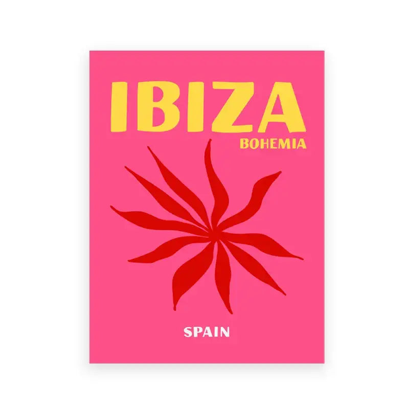 Vibrant pink decorbites™ beach travel poster with yellow ibiza text and red starburst design for living room decor