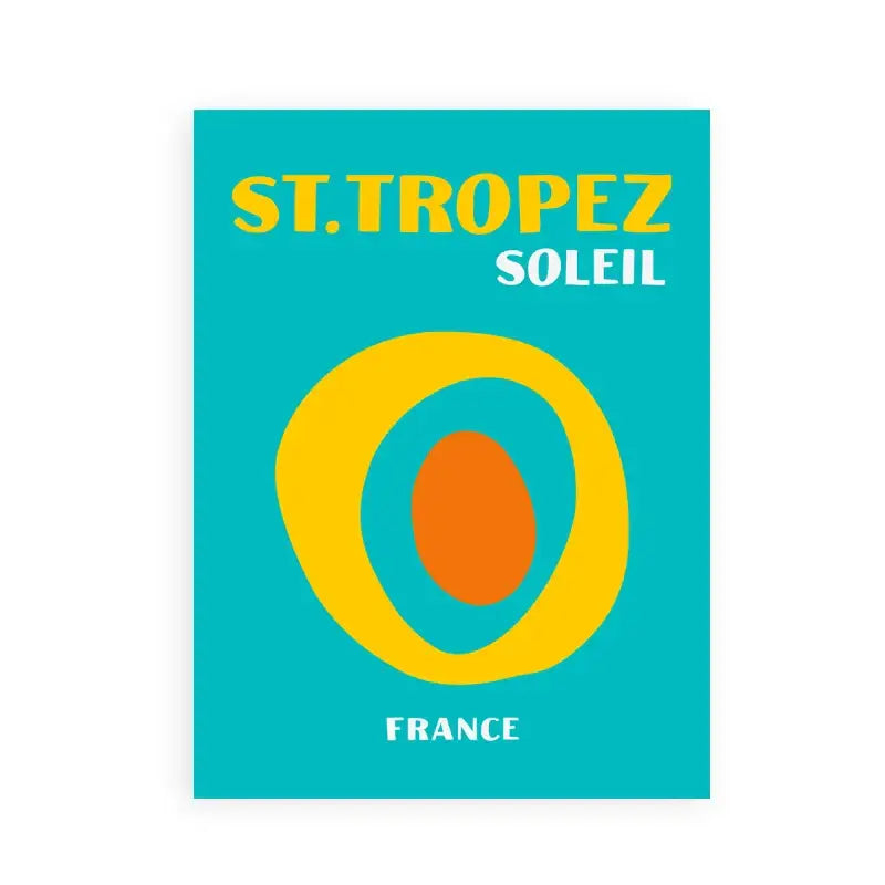 Vibrant turquoise DecorBites™ beach travel poster with bold yellow and orange circles for living room decor