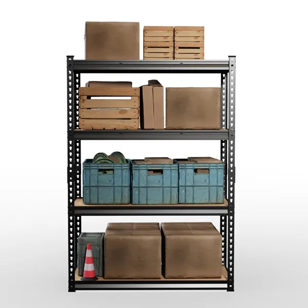 4-layer Adjustable Shelf Spacing, Gourd-shaped Perforation, Rubber Mallet With Gloves, Display Rack, Iron, 122*45*153.5cm, Black Iron, Natural Wood-colored MDF