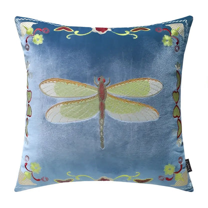 Blue velvet embroidery cushion cover with green winged dragonfly and floral bee embroidery cushion design for living room decor