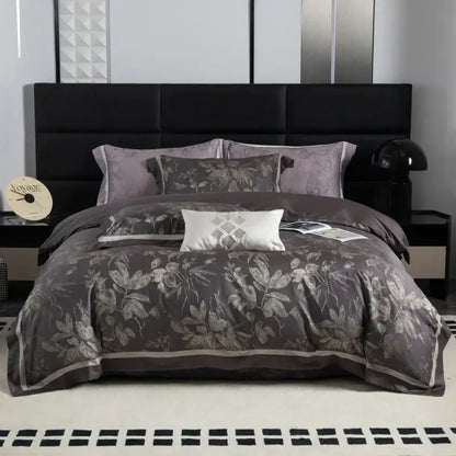 Elegant dark gray floral bedding set with silver leaf patterns and white accent pillow in lyocell cotton decorbites butterfly jacquard style