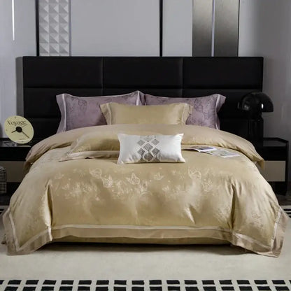 Beige and gold butterfly lyocell cotton bedding set with beige satin duvet cover set and subtle floral embroidery decorbites butterfly jacquard