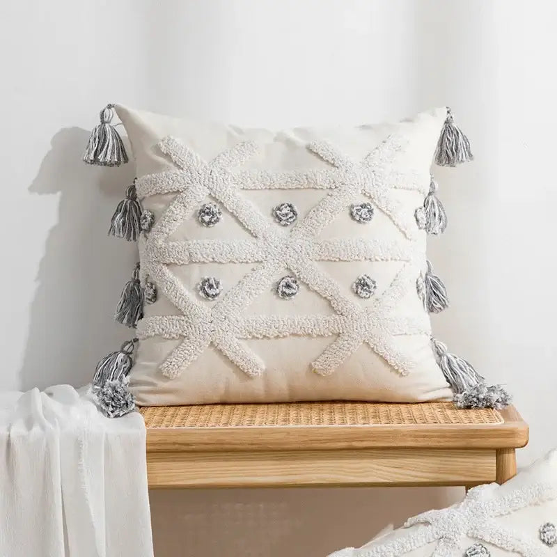 Beige and white cream cushion cover with decorbites geometric embroidery silver buttons and gray tassels for living room decor