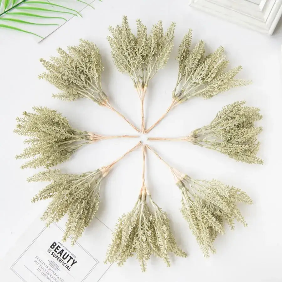 Eight sage-green artificial plants arranged circularly complement decorbites golden wheat ear stems for living room decor
