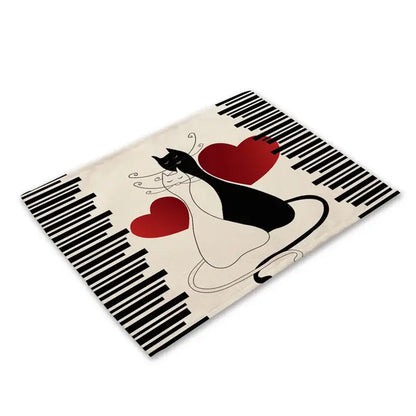 Cream-colored rectangular cat linen placemat with black and white stylized cat, red hearts, and black barcode decorbites black cat design
