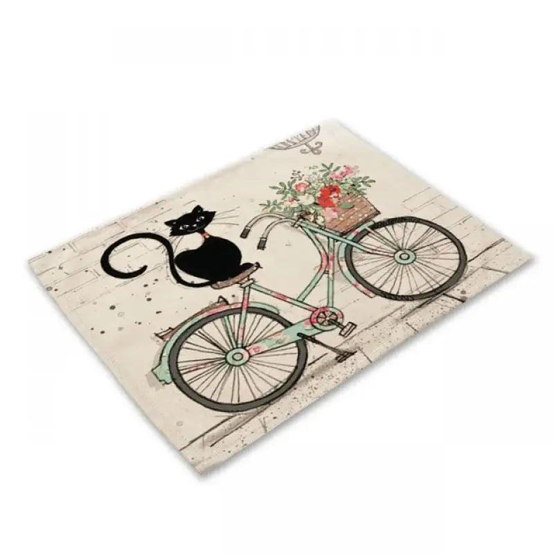 Beige and black cat linen placemat with decorbites black cat illustration on mint-green bicycle for dining room decorbites