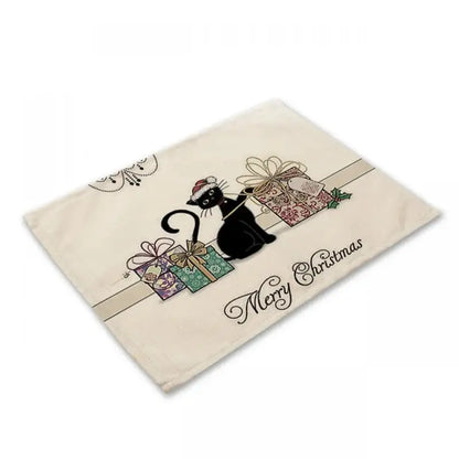 Beige and black cat linen placemat featuring a cream cotton decorbites black cat in santa hat with merry christmas script