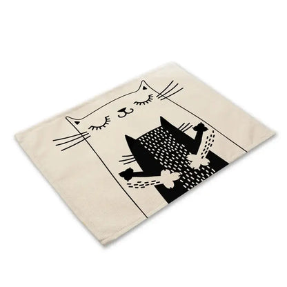 Beige canvas cat linen placemat with black cat linen illustration featuring closed eyes for dining room decorbites black cat decor