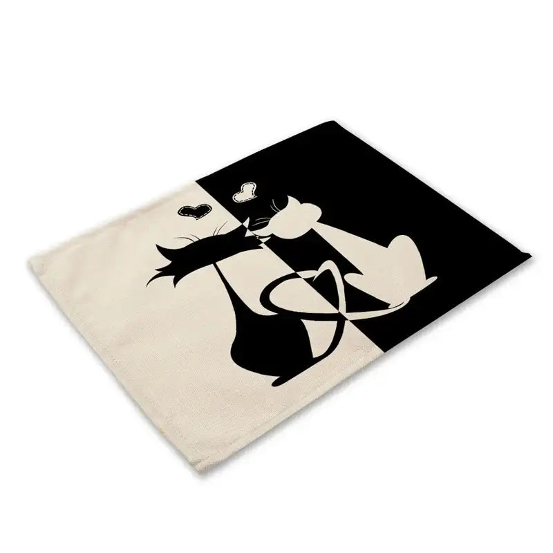 Beige canvas pouch with a black cat linen graphic of two stylized cats in an affectionate pose for decorbites black cat collection