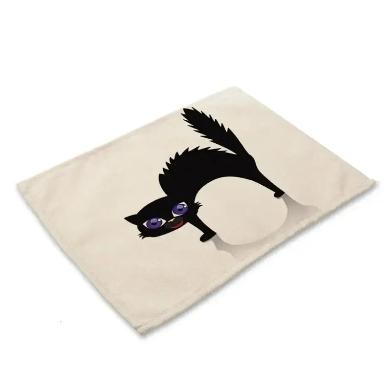 Beige canvas cat linen placemat featuring a playful black cat with purple eyes for dining room decorbites black cat set