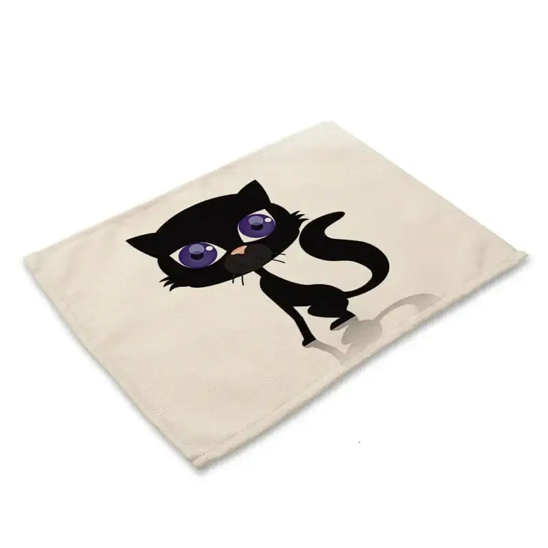 Beige canvas cat linen placemat featuring a cartoon black cat with purple eyes for dining room decorbites black cat decor