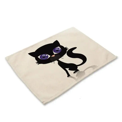 Beige canvas cat linen placemat featuring a cartoon black cat with purple eyes for dining room decorbites black cat decor