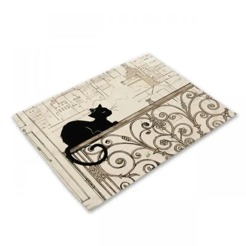 A rectangular glass cutting board with a black cat silhouette on beige vintage sketches, ideal for black cat linen decorbites