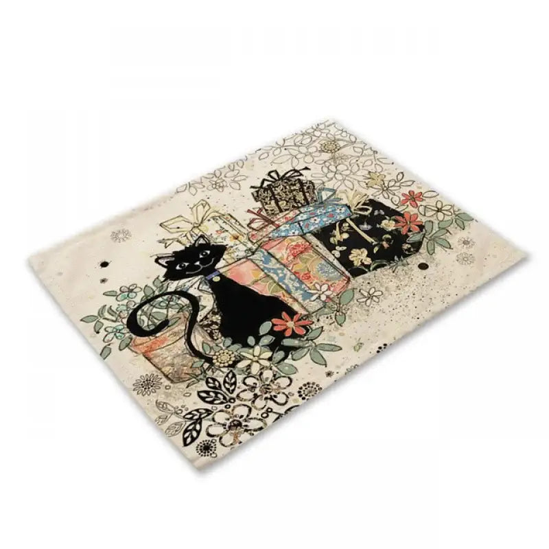 A rectangular glass cutting board with whimsical black cat linen design and colorful gifts for decorbites black cat set