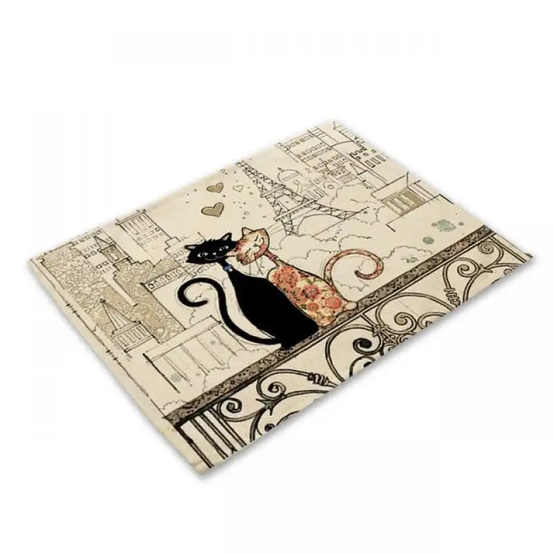 Beige black cat linen placemat featuring two cats on a parisian balcony with eiffel tower for dining decorbites decor