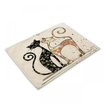 Cream-colored black cat linen placemat with beige and floral stylized cats for dining room table decorbites black cat