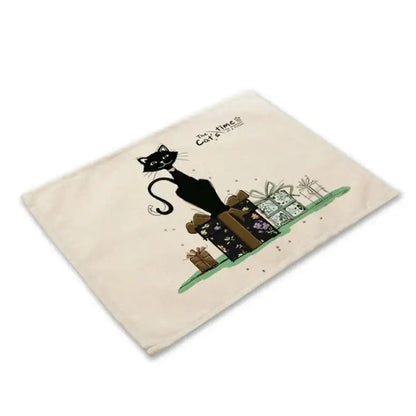 Beige cream-colored canvas cat linen placemat with decorbites black cat on wrapped gifts for dining room decor