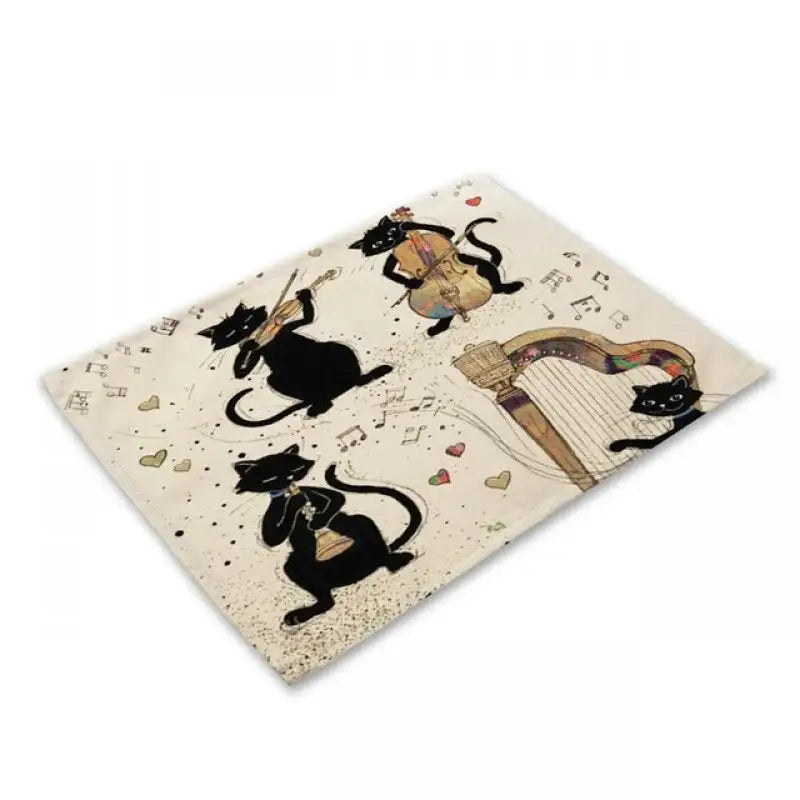 Beige and black cat linen placemat featuring black cats playing instruments for dining room decorbites black cat decor