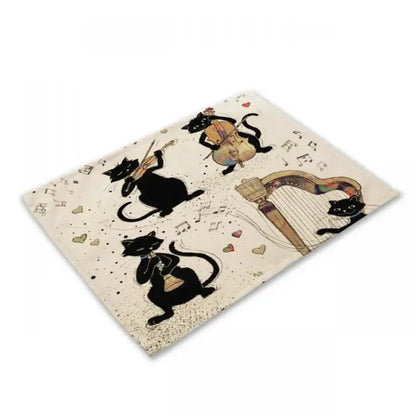Beige and black cat linen placemat featuring black cats playing instruments for dining room decorbites black cat decor