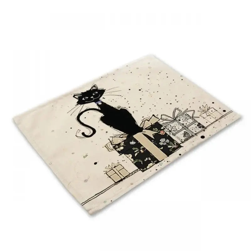 Beige and black cat linen placemat featuring decorbites black cat illustration on cream fabric for dining room table decorbites black cat placemat