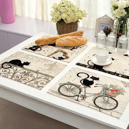 Set of four beige black cat linen placemats with vintage scenes for dining room table decorbites black cat placemat set
