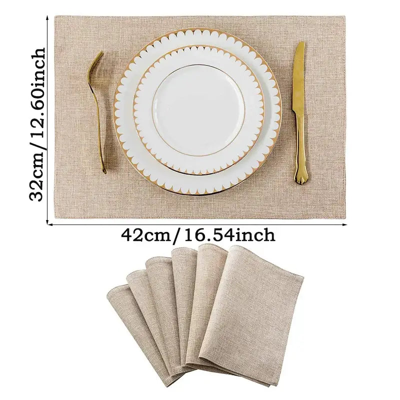 Beige and black cat linen placemat set with gold-trimmed scalloped edge and matching napkins for dining decorbites black cat