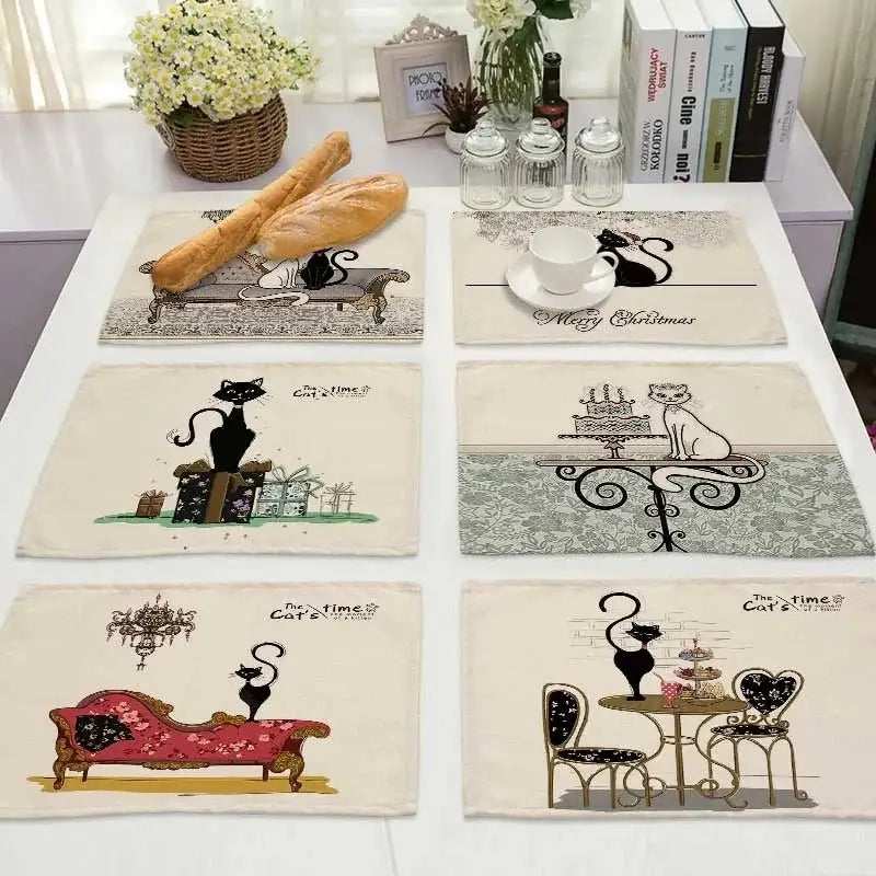 Set of six beige black cat linen placemats with whimsical illustrations and decorative borders for dining room decorbites black cat