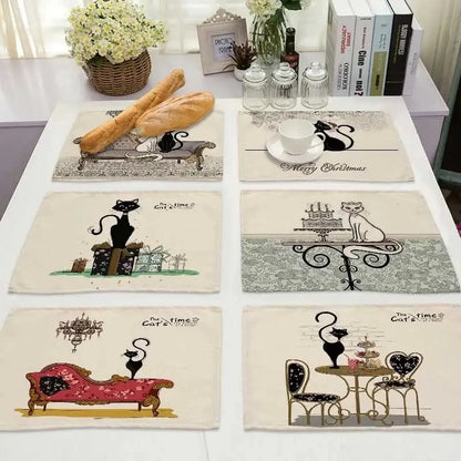Set of six beige black cat linen placemats with whimsical illustrations and decorative borders for dining room decorbites black cat
