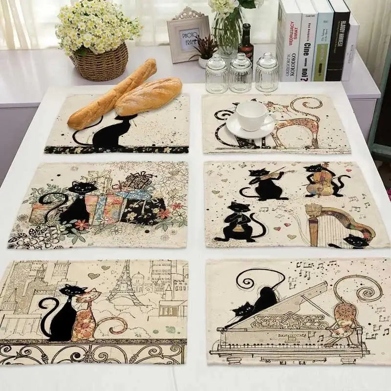Set of six beige and black cat linen placemats with decorbites black cat illustrations for dining room table decor