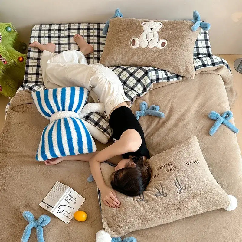 Beige and blue embroidered velvet duvet bedding set featuring a fluffy pillow with white teddy bear and fuzzy ties