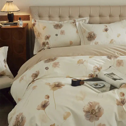 Beige and blush butterfly blooming flowers satin bedding set with floral pattern in soft peach and brown tones cotton