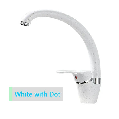 Beige brass kitchen faucet with white speckled finish chrome accents and a sleek curved 360 swivel spout mixer handle