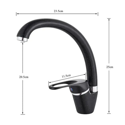 Black speckled kitchen faucet with sleek curved spout and chrome accents for beige brass kitchen faucet design