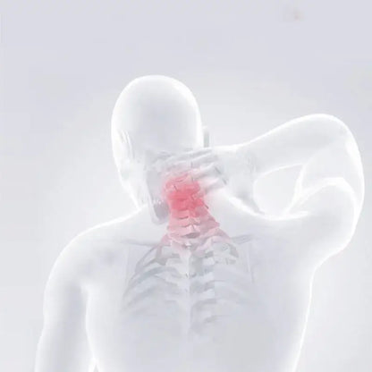 A translucent white skeleton with a glowing red cervical spine illustrating decorbites cooling neck pillow support
