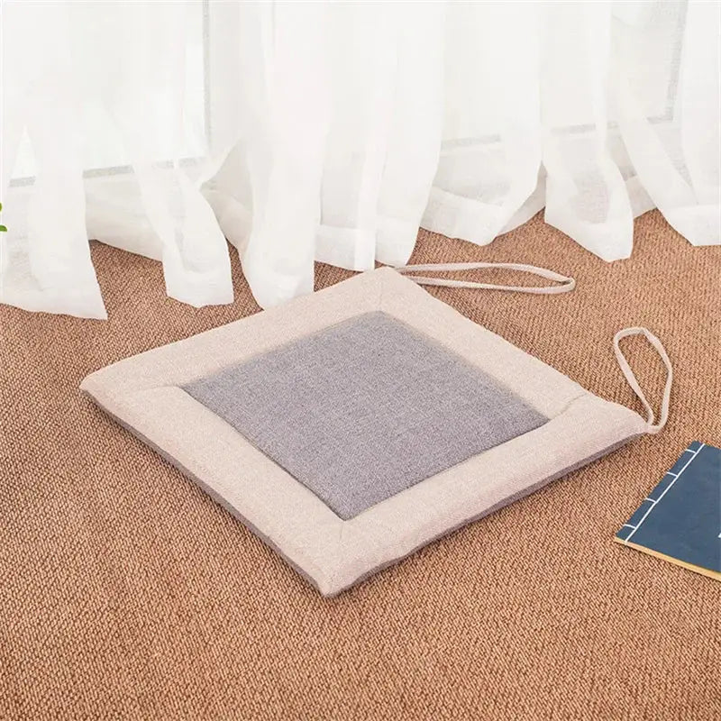 Beige and brown decorbites linen seat cushion with gray textured center and drawstrings for dining room chair pad