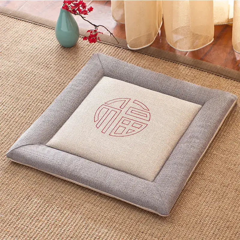 Beige and brown non-slip decorbites linen seat cushion with gray and beige fabric and red embroidered chinese character design
