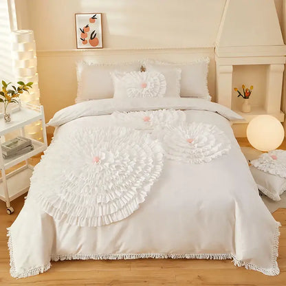 Beige brushed cotton flower embroidery bedding set with white ruffled floral design and delicate pink centers decorbites brushed cotton