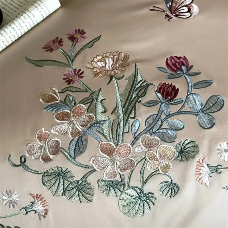 Beige butterfly flowers bedding set with intricate pink mauve and green floral embroidery in decorbites 1000tc cotton