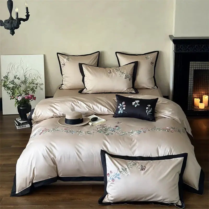 Beige butterfly flowers 1000tc cotton bedding set with delicate floral embroidery and black trim for elegant decorbites bedroom decor