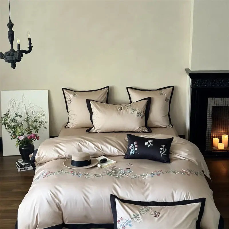Beige satin bedding set with delicate butterfly flowers embroidery and black trim in decorbites 1000tc cotton fabric