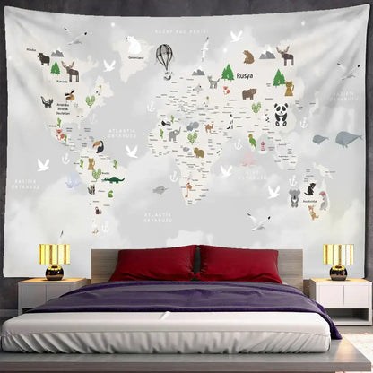 Beige cartoon animals map tapestry with whimsical light gray design for children’s room decor by decorbites cartoon animals