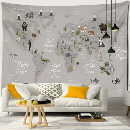 Beige cartoon animals map tapestry featuring gray world map with ocean labels for children’s room decor by decorbites cartoon animals