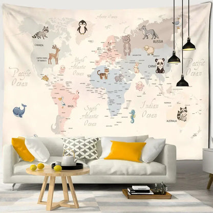 Beige cartoon animals map tapestry with playful animal illustrations and labeled oceans for children’s room decorbites decor