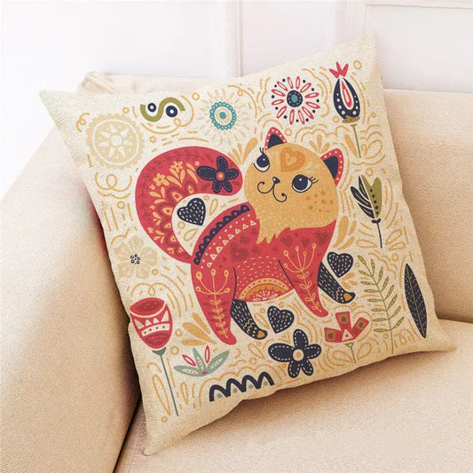 Beige cartoon cat linen pillowcase with colorful red and orange stylized cat and intricate floral decorbites cartoon cat design
