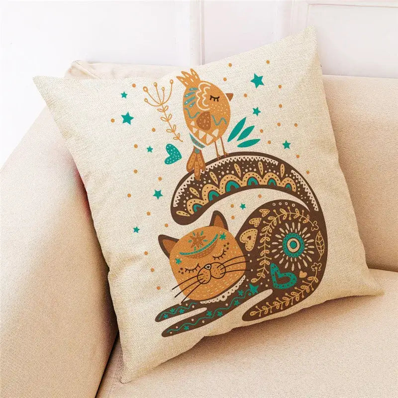Beige cartoon cat linen throw pillow featuring a whimsical orange cat with brown and teal patterns for decorbites cartoon cat decor